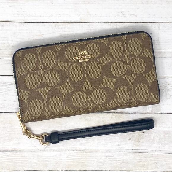 Coach Long Zip Around Wallet in Signature Canvas Khaki Black C4452 - Picture 1 of 5
